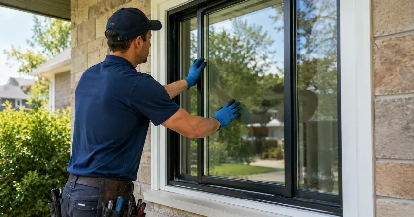 technician measuring a broken window pane for replacement in Leaside, East York
