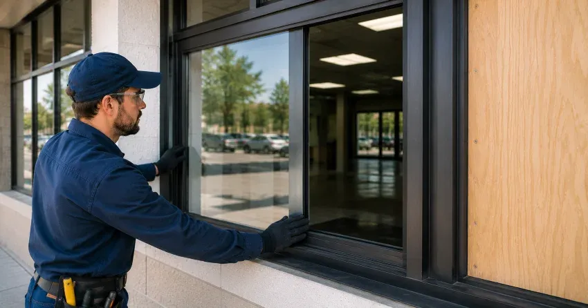 technician boarding a broken window after a break-in in East York