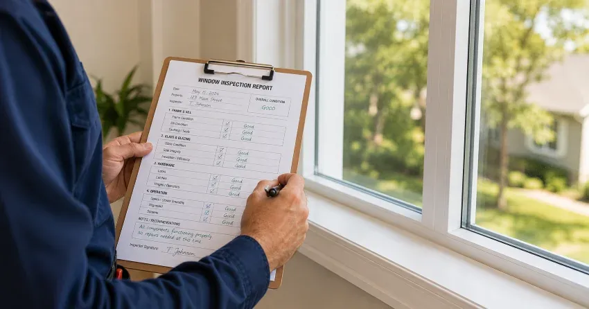 technician inspecting window seal and frame in East York
