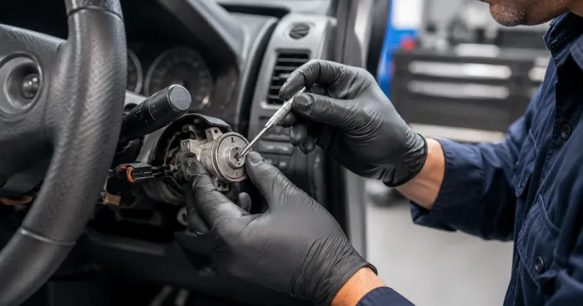 technician diagnosing an ignition lock repair issue in Crescent Town, East York
