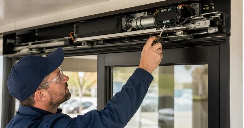technician completing automatic door repair on residential property in Leaside, East York