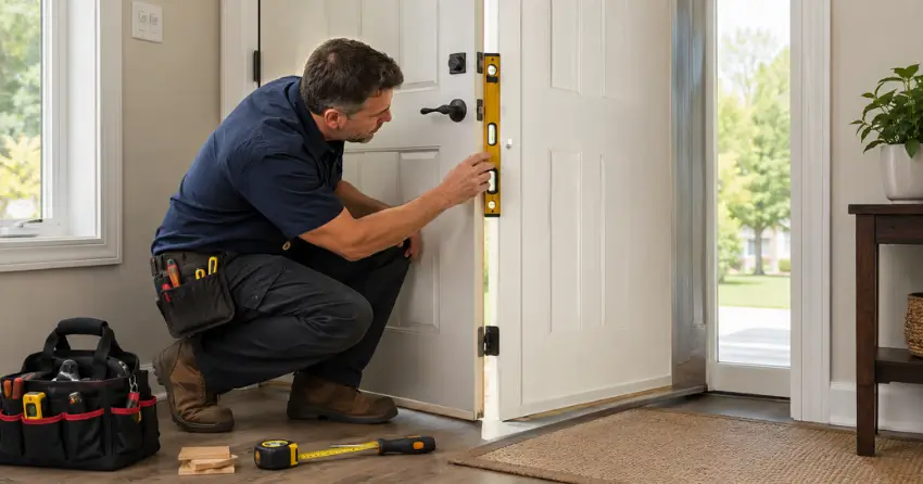 technician diagnosing a misaligned door frame in Leaside, East York