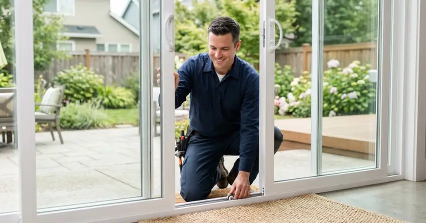 technician diagnosing a sticking patio door in East York