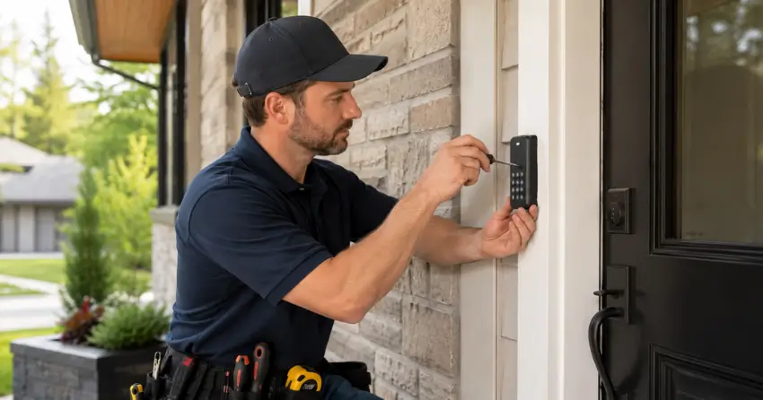 Technician installing an access control system keypad beside a residential front door in East York