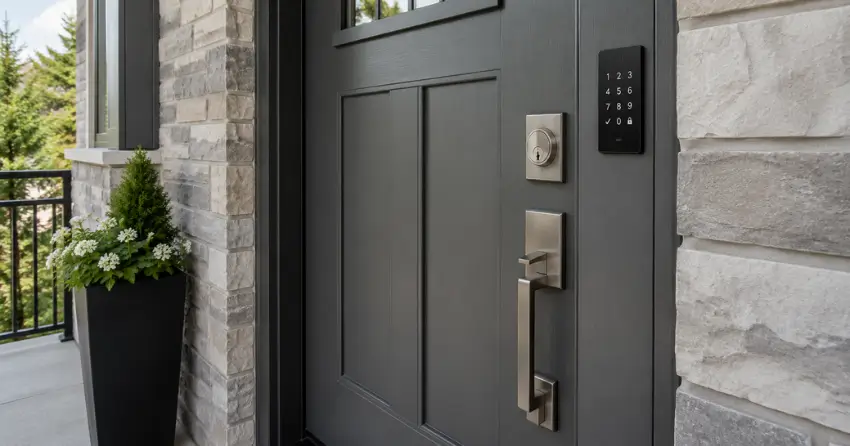 High-security door hardware and access control keypad installed on a residential entry door in East York