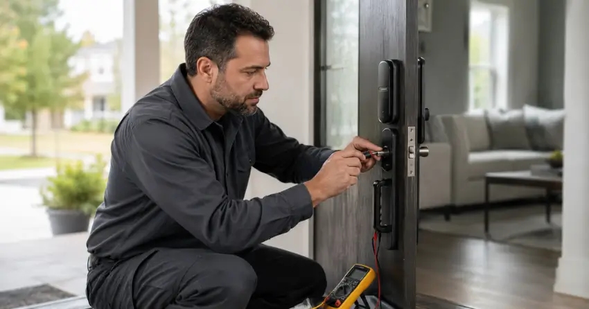 technician diagnosing automatic door lock mechanism on residential door in East York