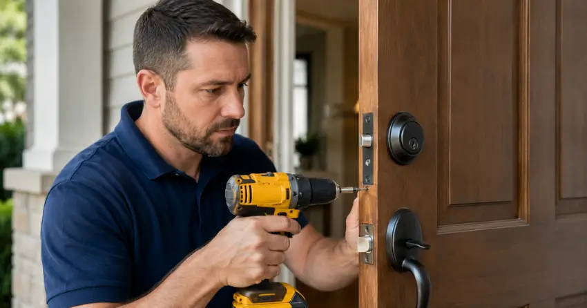 technician installing a new deadbolt during Change Door Lock East York service