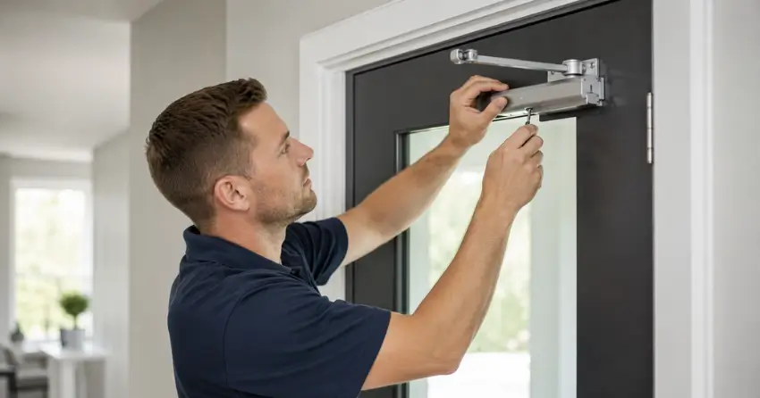 technician adjusting door closer hydraulic valve in Leaside, East York home