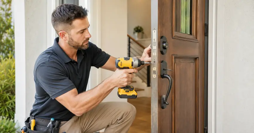 locksmith installing new deadbolt lock on front door in East York