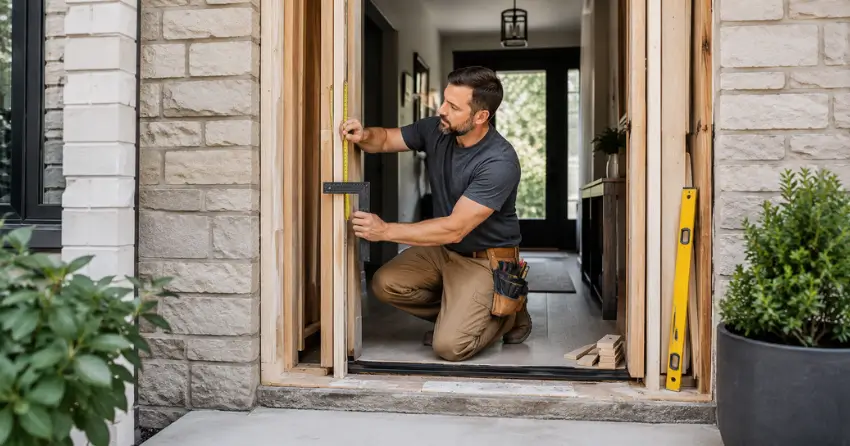 exterior door installer assessing rough opening in Leaside, East York