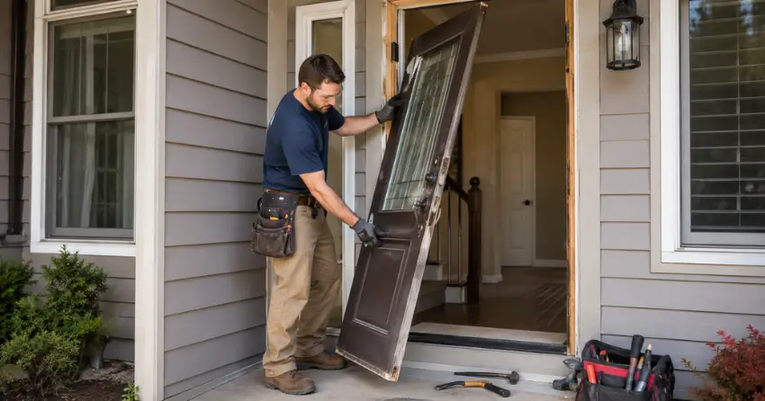 old exterior door being removed for replacement in East York