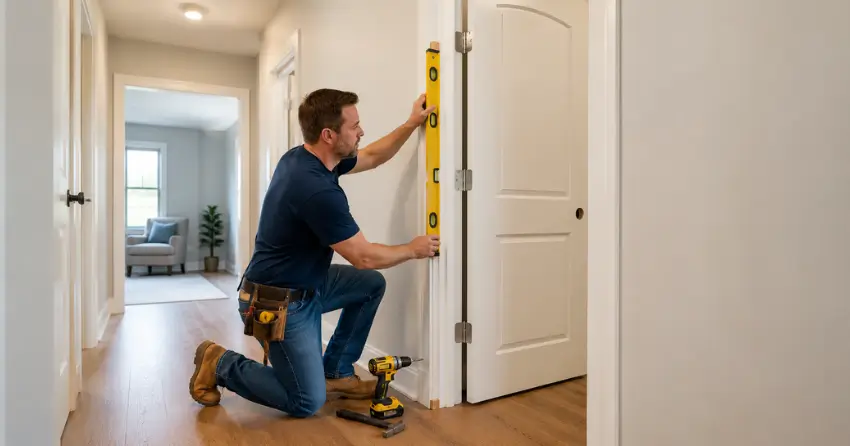 technician installing a pre-hung interior door in a home hallway East York