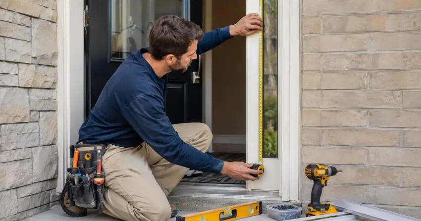 technician measuring door frame before storm door install in Leaside, East York