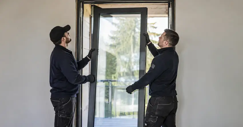 new glass panel being fitted into door frame in Crescent Town, East York