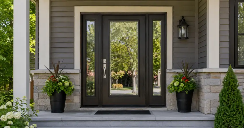 glass entry door with sidelights on a home in Leaside, East York