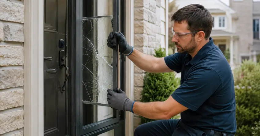 technician removing cracked storm door glass panel in Crescent Town, East York
