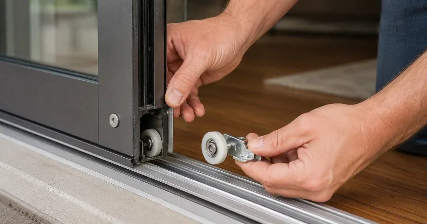 sliding door alignment Leaside, East York technician adjusting roller track