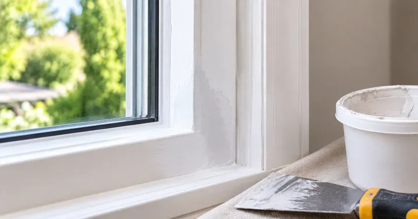 technician repairing rotted window frame corner in East York
