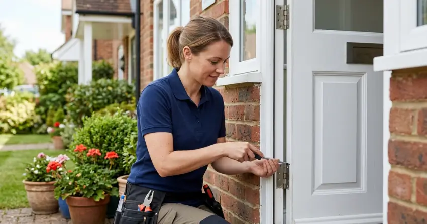 technician repairing exterior door hinge and frame in East York