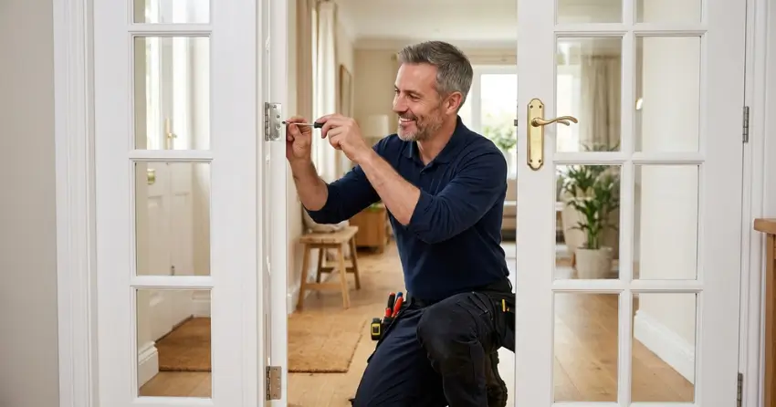 technician adjusting French door hinge for proper alignment in Leaside, East York