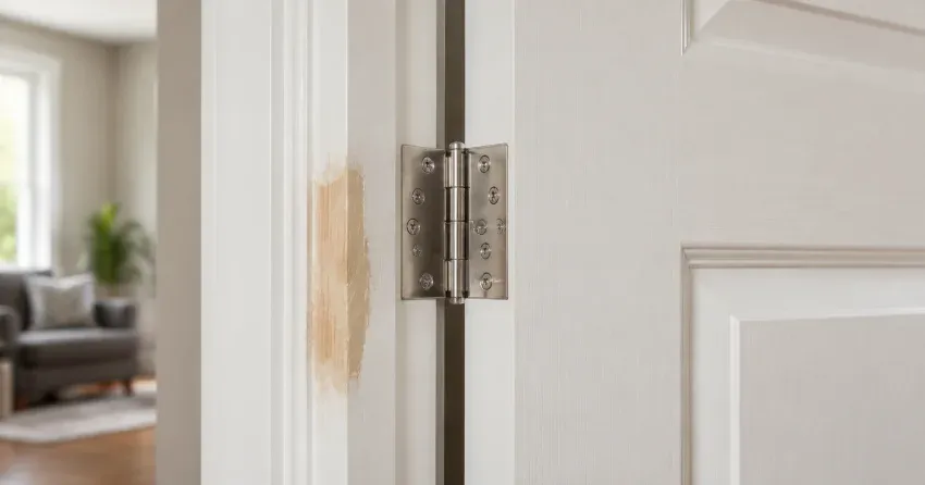 technician checking a warped door against a straightedge in Leaside, East York